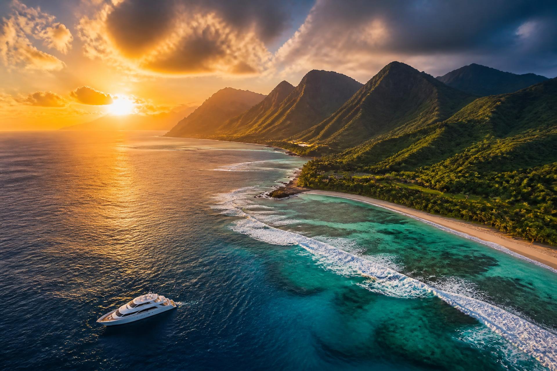 Aerial view of a tropical coastline at sunset